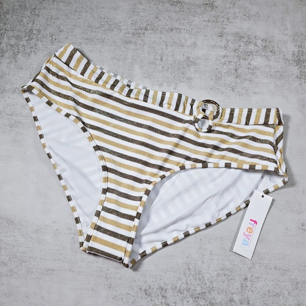 Freya Liquid Gold Low Leg Bikini Swim Brief with Ring and Stripes Size XL